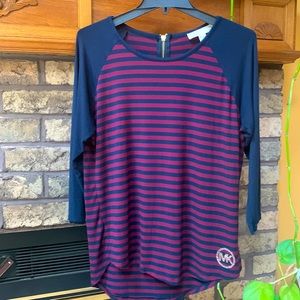 Size large michael kors 3/4 baseball style striped top  navy and burgundy
